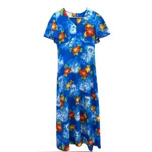 Vintage Royal Hawaiian Aloha Long Maxi Dress 1970s S/M Hibiscus Tiki Drums Canoe